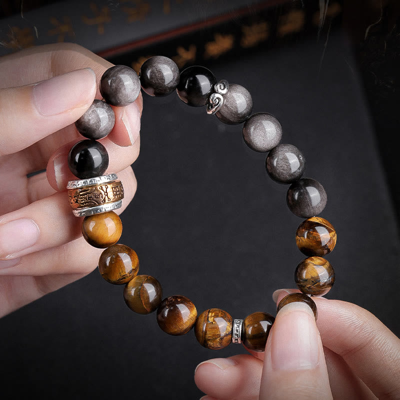 Fortune Jewel Natural Silver Sheen Obsidian Tiger's Eye Six True Words 'Om Mani Padme Hum' Strength Bracelet
