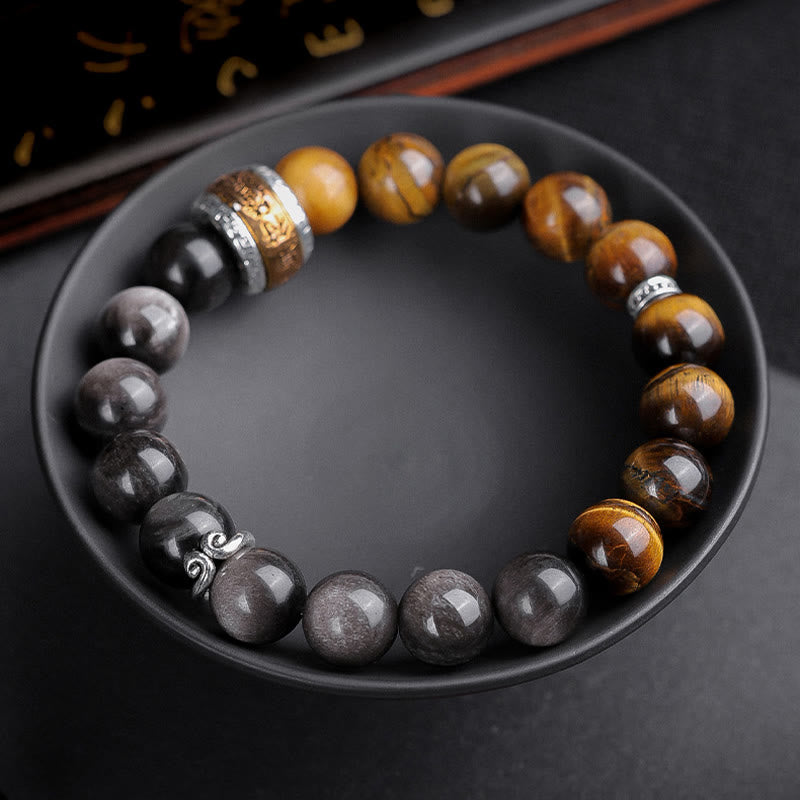 Fortune Jewel Natural Silver Sheen Obsidian Tiger's Eye Six True Words 'Om Mani Padme Hum' Strength Bracelet