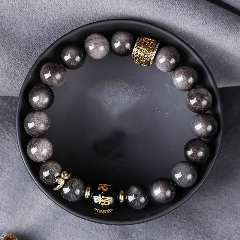 Fortune Jewel Natural Silver Sheen Obsidian Tiger's Eye Six True Words 'Om Mani Padme Hum' Strength Bracelet