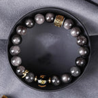 Fortune Jewel Natural Silver Sheen Obsidian Tiger's Eye Six True Words 'Om Mani Padme Hum' Strength Bracelet