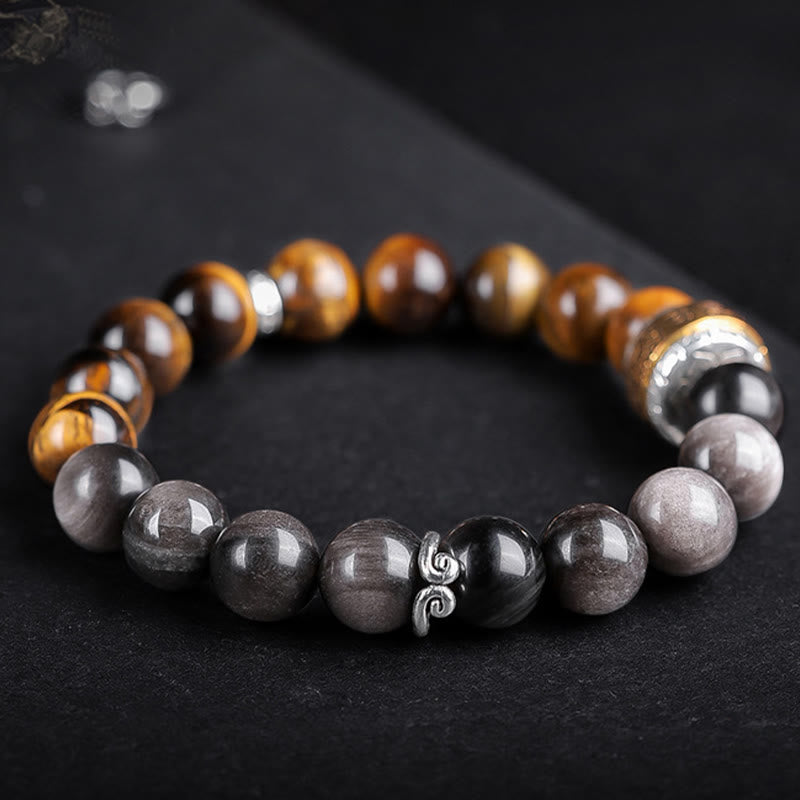 Fortune Jewel Natural Silver Sheen Obsidian Tiger's Eye Six True Words 'Om Mani Padme Hum' Strength Bracelet