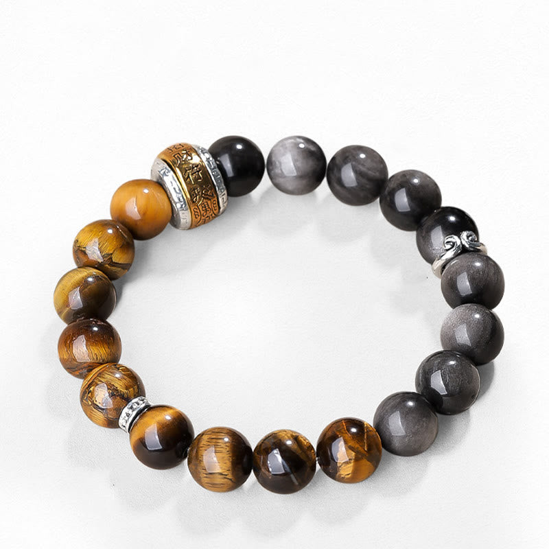 Fortune Jewel Natural Silver Sheen Obsidian Tiger's Eye Six True Words 'Om Mani Padme Hum' Strength Bracelet