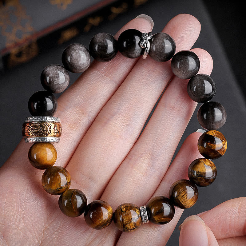 Fortune Jewel Natural Silver Sheen Obsidian Tiger's Eye Six True Words 'Om Mani Padme Hum' Strength Bracelet