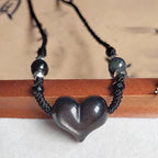 Fortune Jewel Natural Silver Sheen Obsidian Heart Protection Necklace Pendant