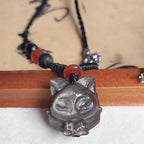Fortune Jewel Natural Silver Sheen Obsidian Nine Tailed Fox Protection Necklace Pendant
