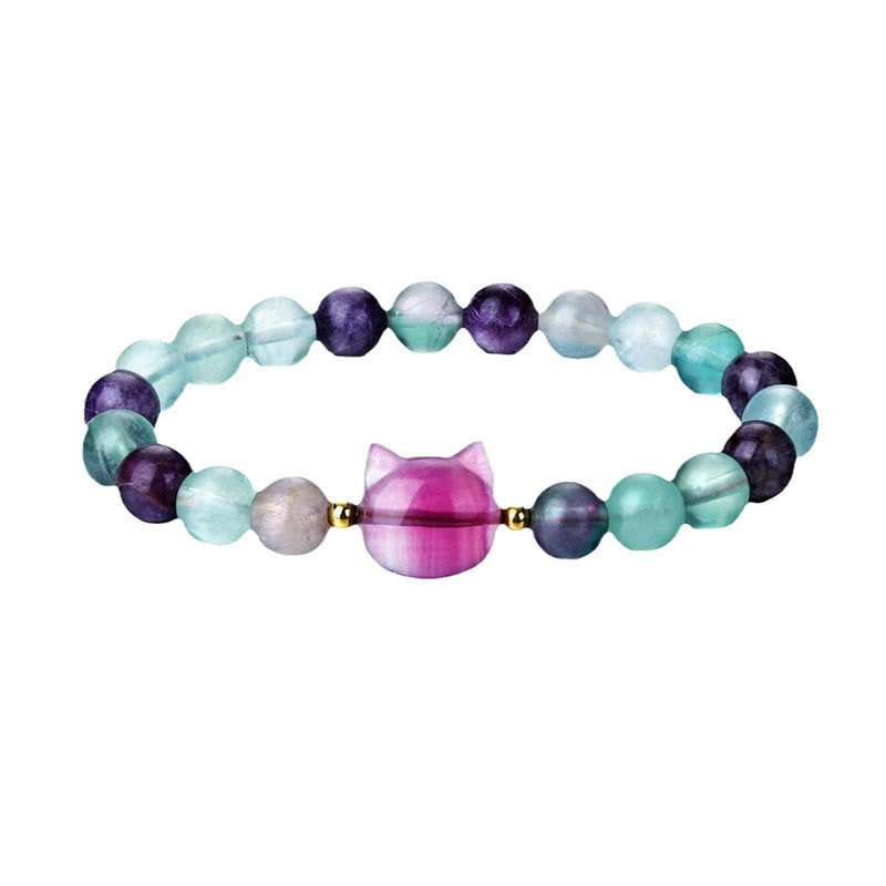 Fortune Jewel Amethyst Green Aventurine Rose Quartz Fluorite Cat Head Balance Luck Bracelet