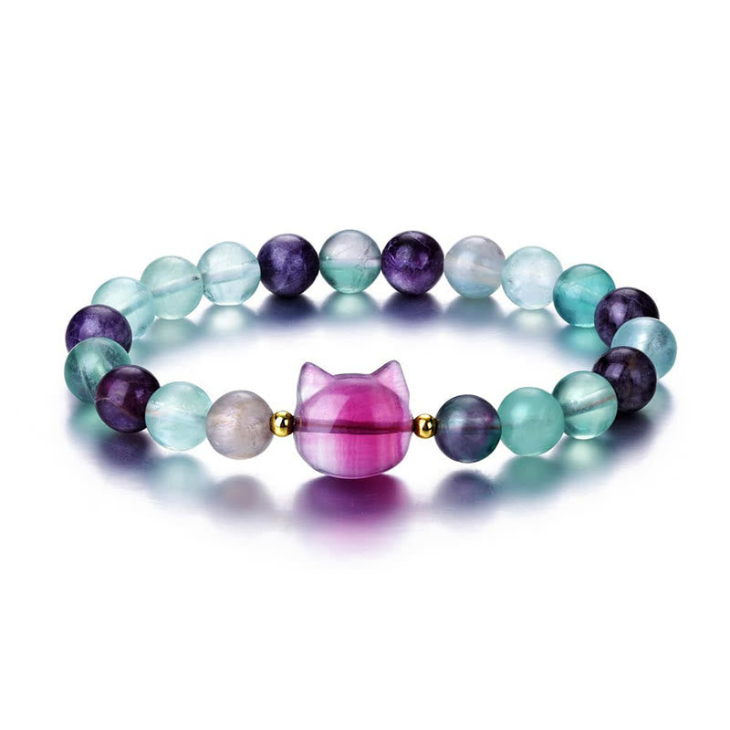 Fortune Jewel Amethyst Green Aventurine Rose Quartz Fluorite Cat Head Balance Luck Bracelet