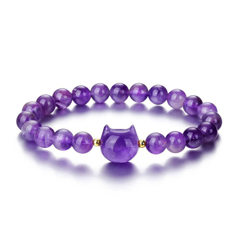 Fortune Jewel Amethyst Green Aventurine Rose Quartz Fluorite Cat Head Balance Luck Bracelet