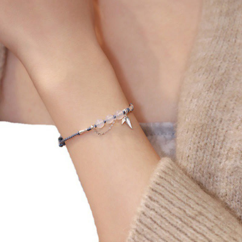 Fortune Jewel 925 Sterling Silver Bamboo Leaves Hetian Jade Chalcedony Beads Blessing Braided Bracelet