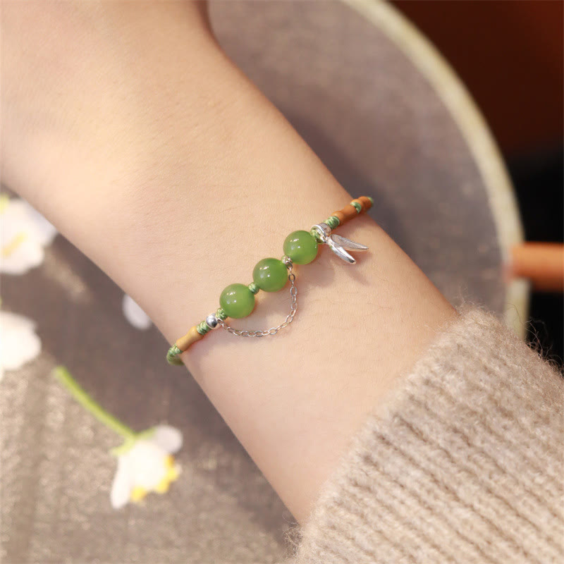 Fortune Jewel 925 Sterling Silver Bamboo Leaves Hetian Jade Chalcedony Beads Blessing Braided Bracelet