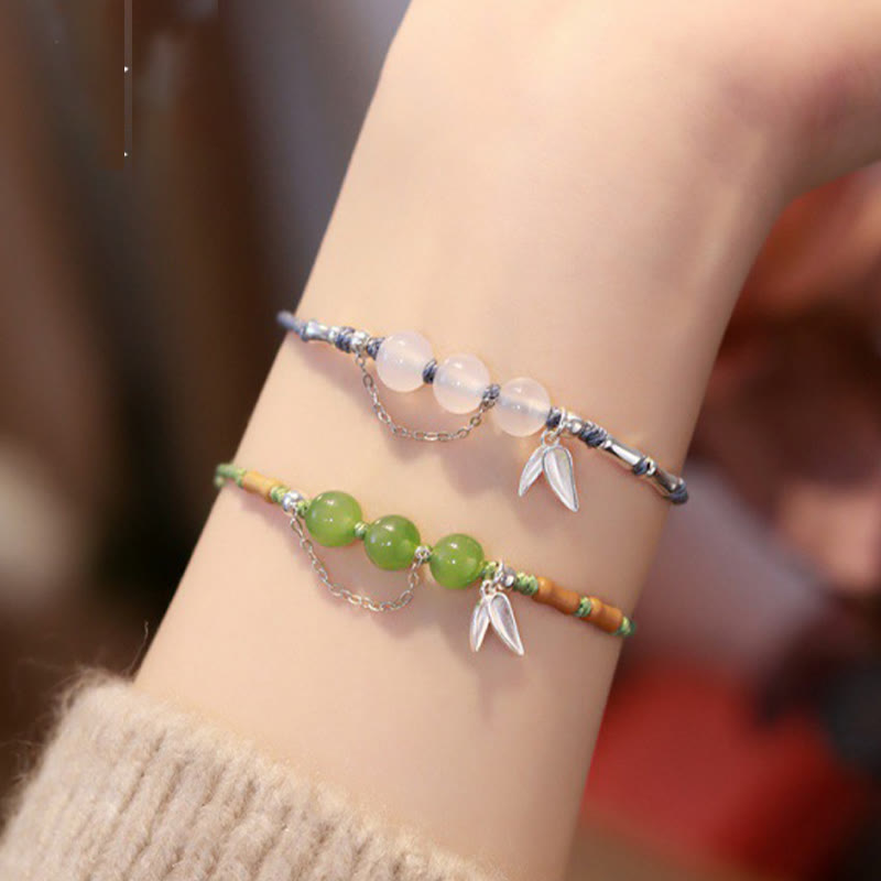 Fortune Jewel 925 Sterling Silver Bamboo Leaves Hetian Jade Chalcedony Beads Blessing Braided Bracelet