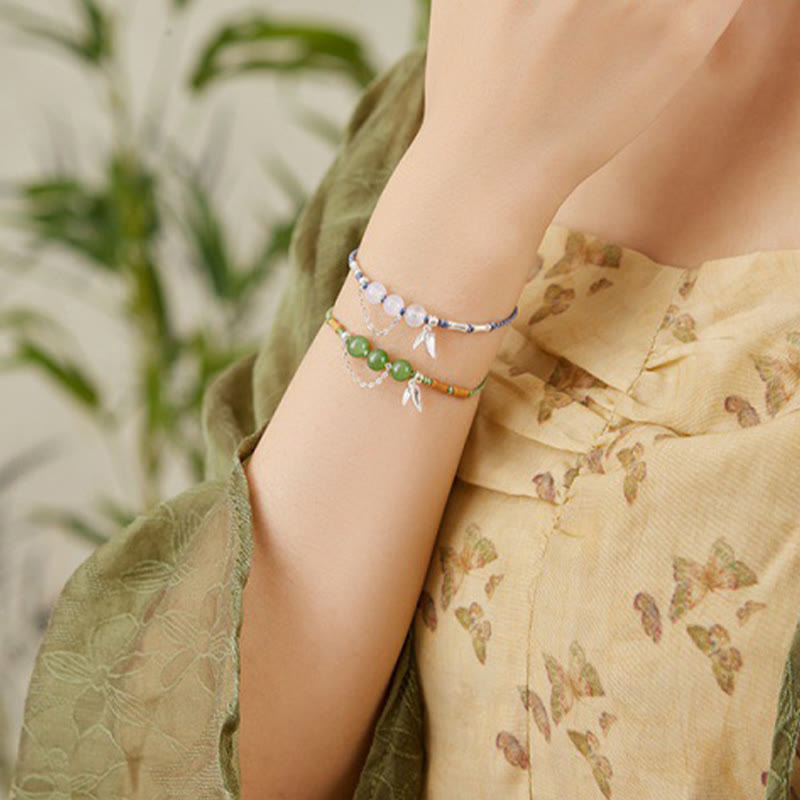 Fortune Jewel 925 Sterling Silver Bamboo Leaves Hetian Jade Chalcedony Beads Blessing Braided Bracelet