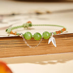 Fortune Jewel 925 Sterling Silver Bamboo Leaves Hetian Jade Chalcedony Beads Blessing Braided Bracelet