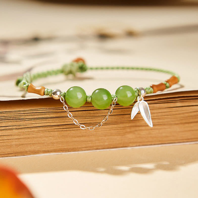 Fortune Jewel 925 Sterling Silver Bamboo Leaves Hetian Jade Chalcedony Beads Blessing Braided Bracelet