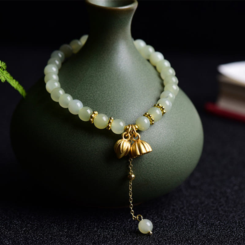 Fortune Jewel Natural Hetian Jade Lotus Luck Bracelet