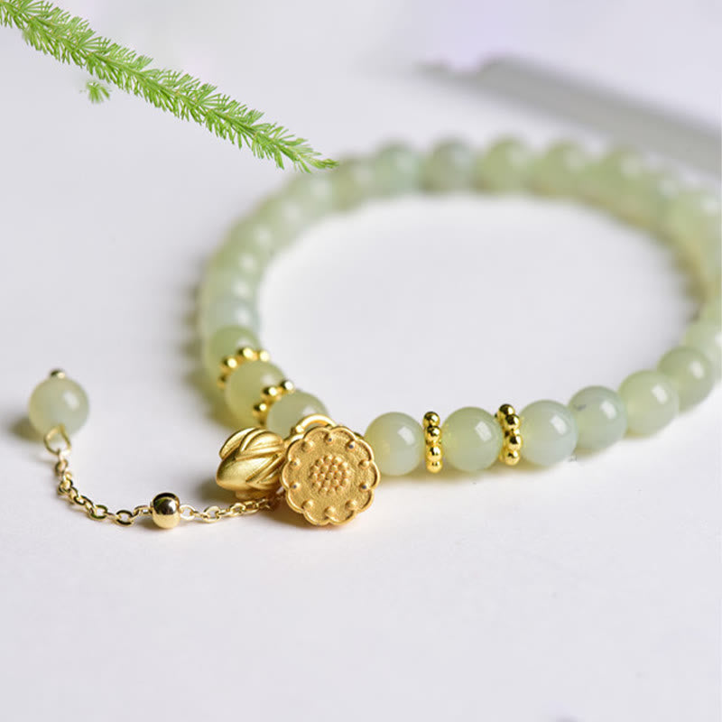 Fortune Jewel Natural Hetian Jade Lotus Luck Bracelet