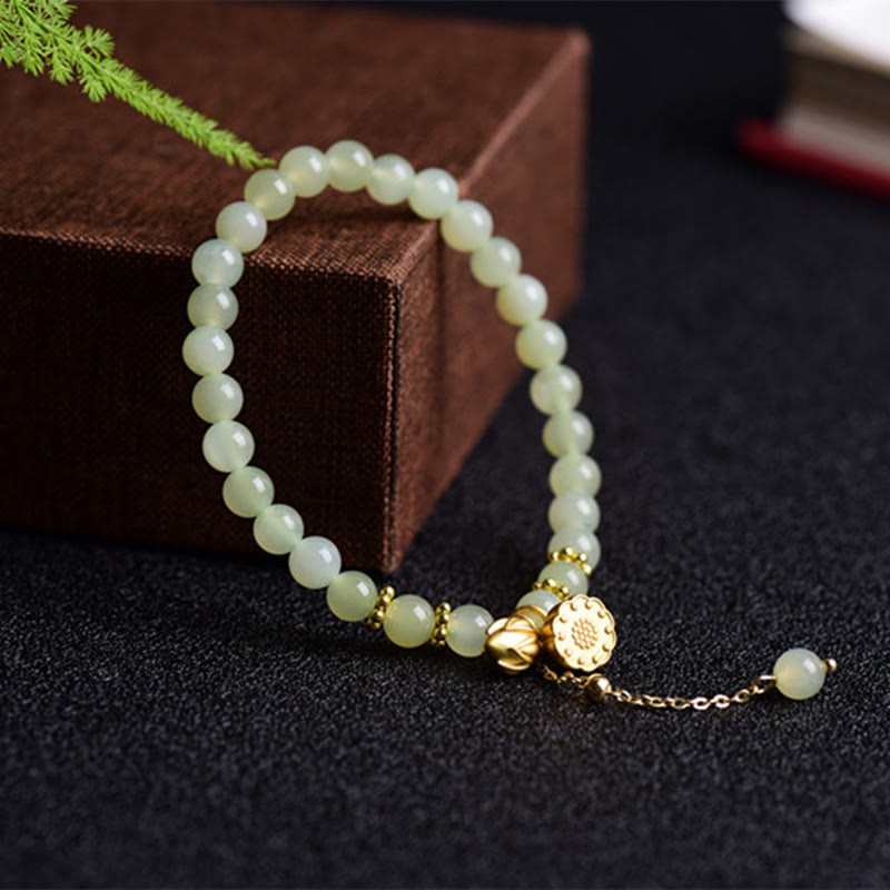 Fortune Jewel Natural Hetian Jade Lotus Luck Bracelet