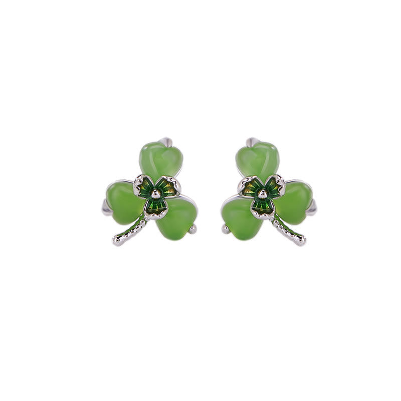 Fortune Jewel 925 Sterling Silver Enamel Hetian Jade Shamrock Luck Earrings - Fortune Jewel