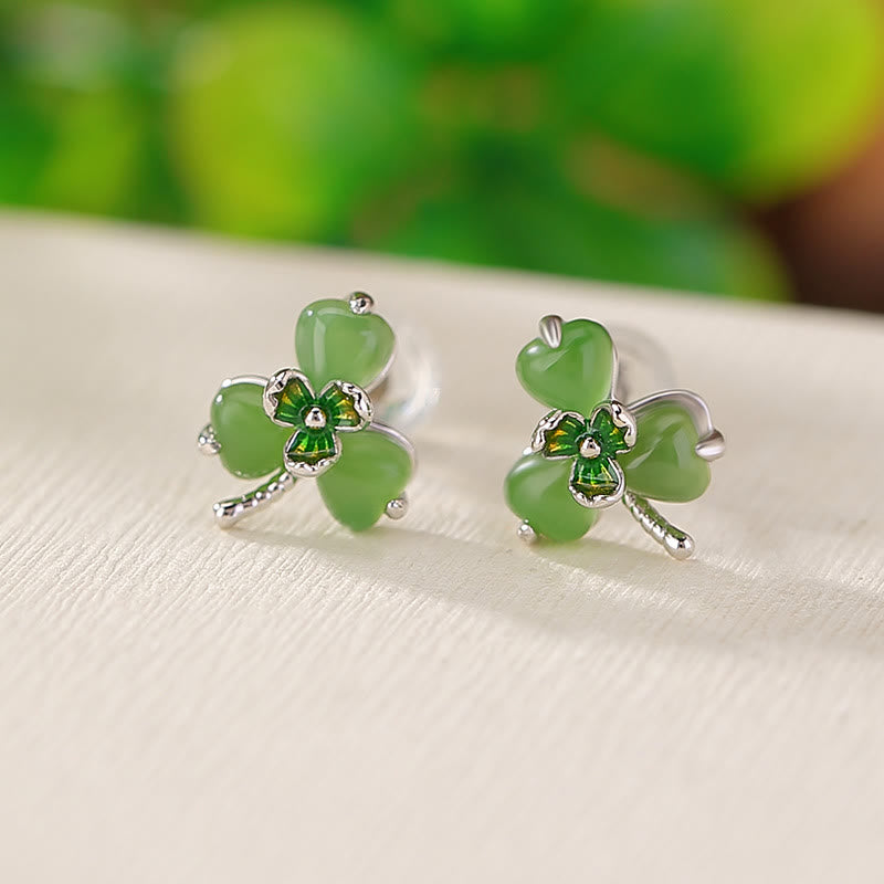 Fortune Jewel 925 Sterling Silver Enamel Hetian Jade Shamrock Luck Earrings - Fortune Jewel