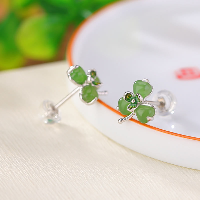 Fortune Jewel 925 Sterling Silver Enamel Hetian Jade Shamrock Luck Earrings - Fortune Jewel