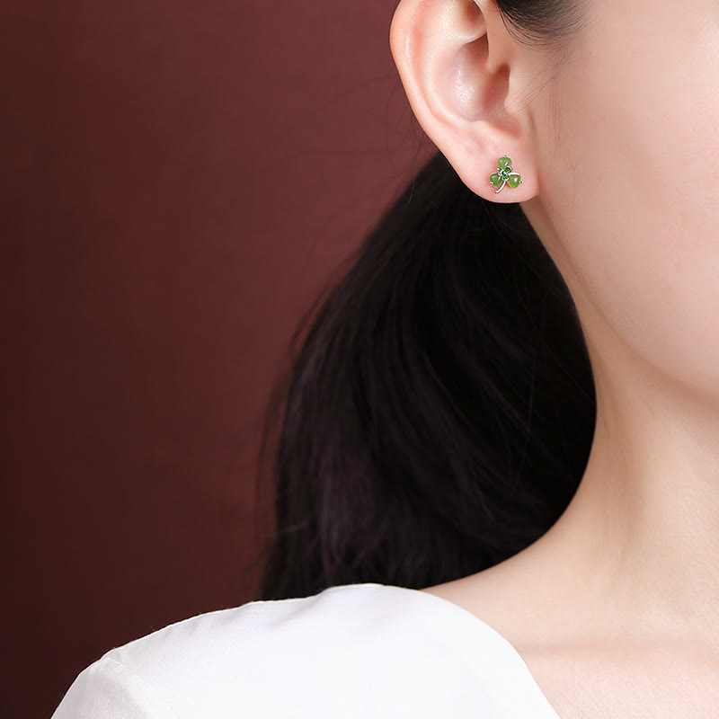 Fortune Jewel 925 Sterling Silver Enamel Hetian Jade Shamrock Luck Earrings - Fortune Jewel