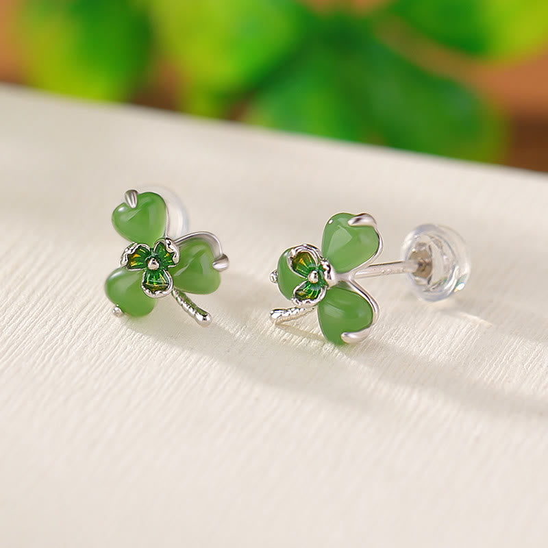 Fortune Jewel 925 Sterling Silver Enamel Hetian Jade Shamrock Luck Earrings - Fortune Jewel