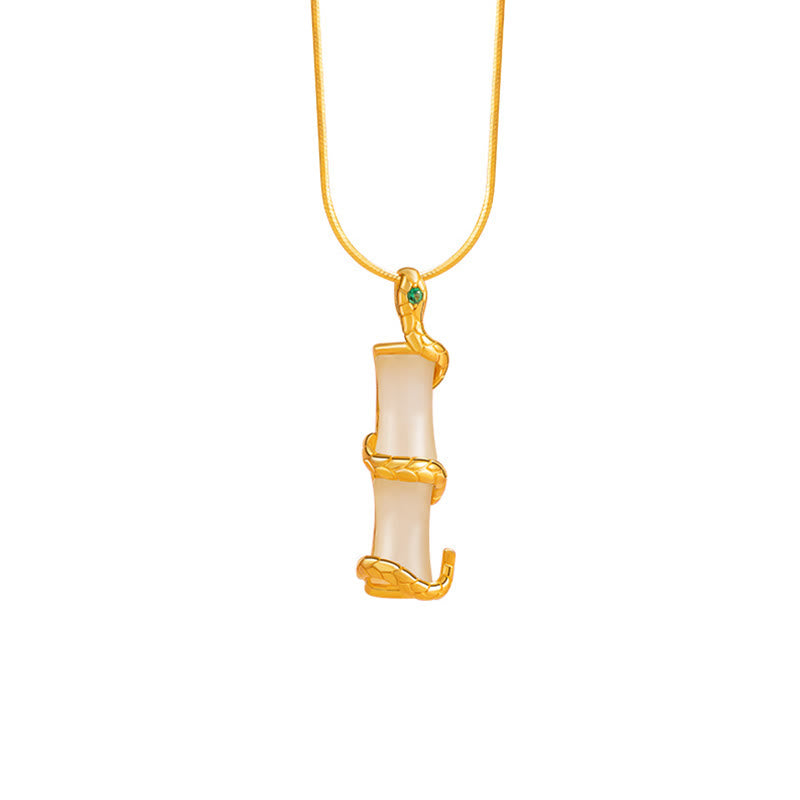 Fortune Jewel Hetian Jade 925 Sterling Silver Year of the Snake Bamboo Growth Necklace Pendant