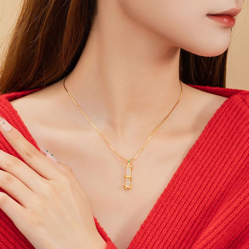 Fortune Jewel Hetian Jade 925 Sterling Silver Year of the Snake Bamboo Growth Necklace Pendant