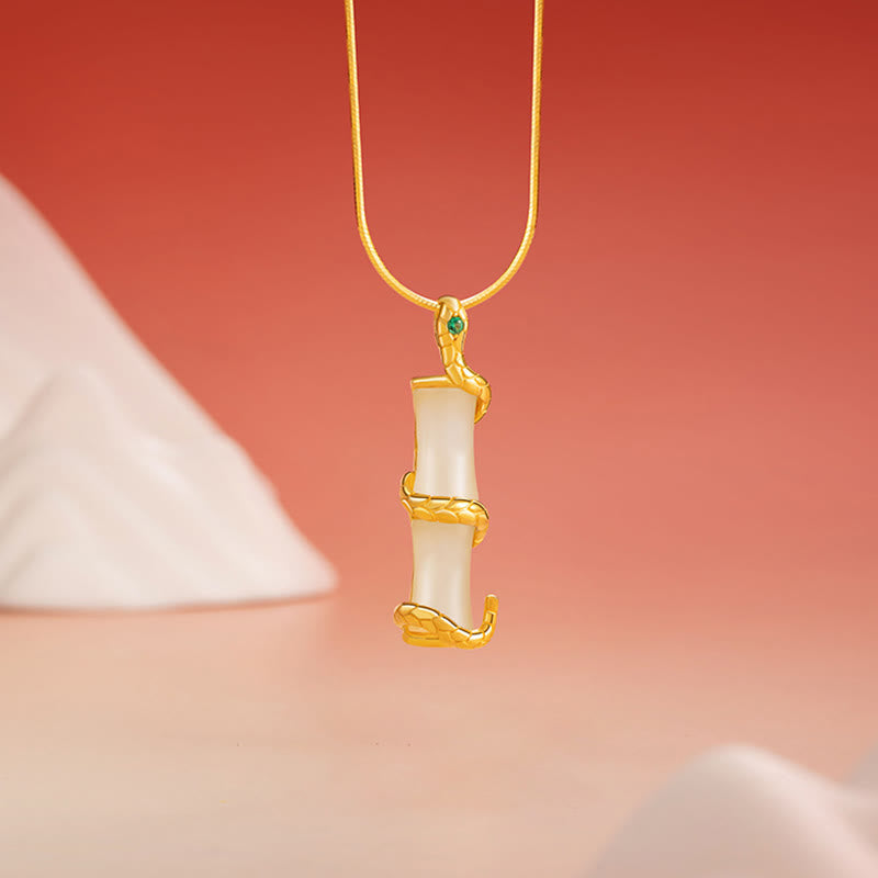 Fortune Jewel Hetian Jade 925 Sterling Silver Year of the Snake Bamboo Growth Necklace Pendant