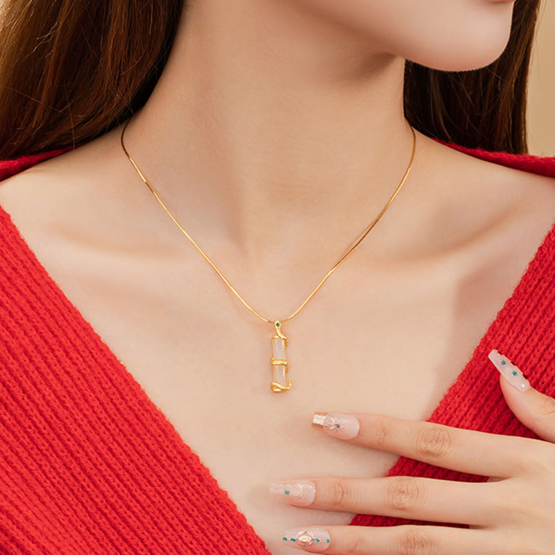 Fortune Jewel Hetian Jade 925 Sterling Silver Year of the Snake Bamboo Growth Necklace Pendant
