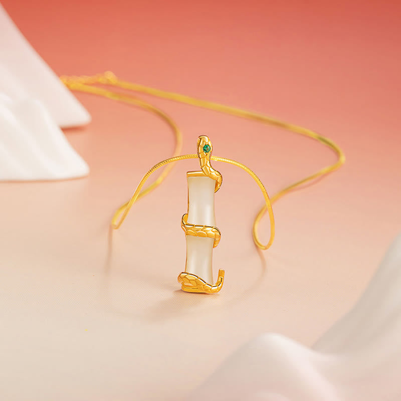 Fortune Jewel Hetian Jade 925 Sterling Silver Year of the Snake Bamboo Growth Necklace Pendant