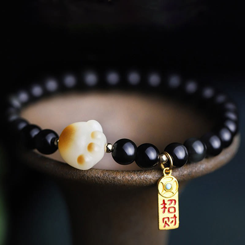 Fortune Jewel Black Obsidian Cat Paw Bodhi Seed Lucky Fortune Charm Purification Bracelet