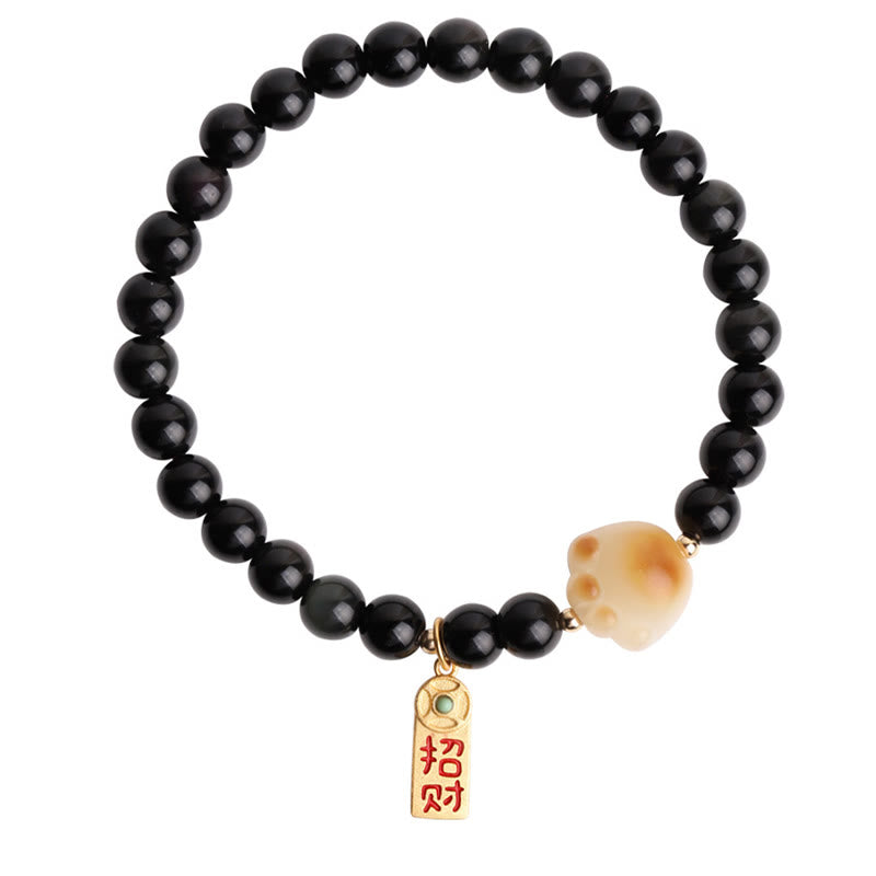 Fortune Jewel Black Obsidian Cat Paw Bodhi Seed Lucky Fortune Charm Purification Bracelet