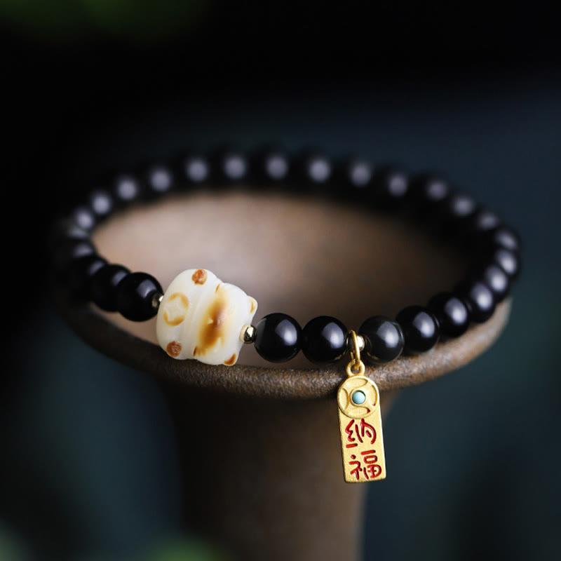 Fortune Jewel Black Obsidian Cat Paw Bodhi Seed Lucky Fortune Charm Purification Bracelet