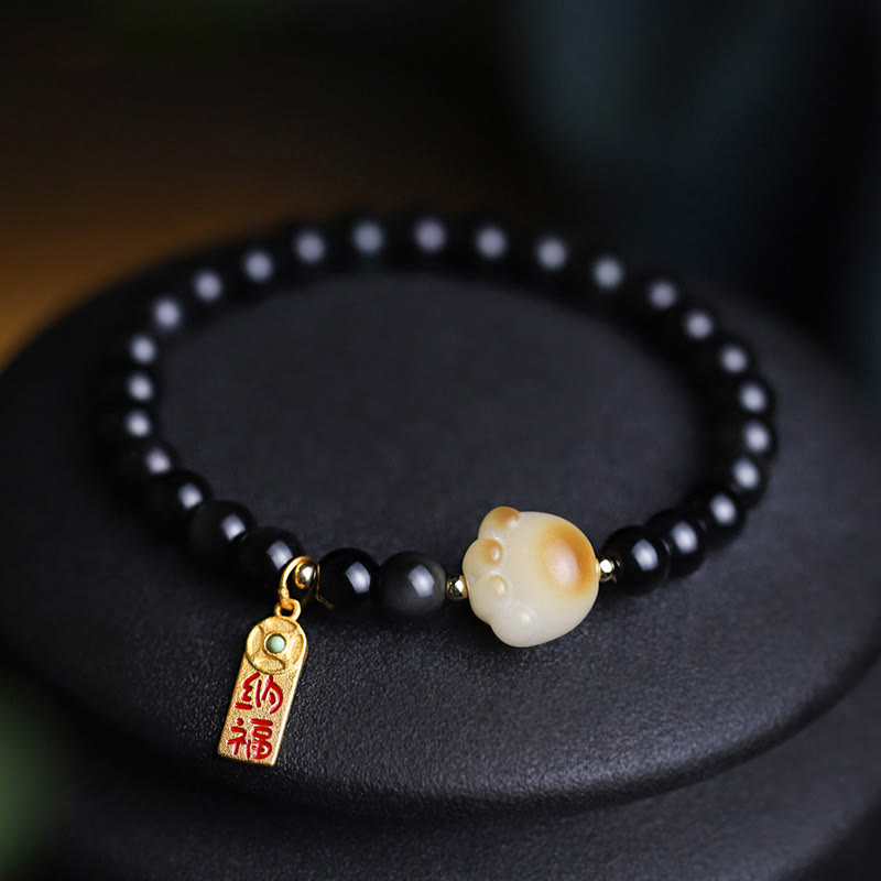 Fortune Jewel Black Obsidian Cat Paw Bodhi Seed Lucky Fortune Charm Purification Bracelet