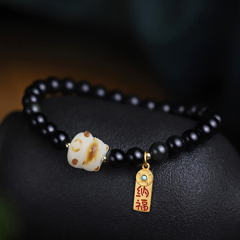 Fortune Jewel Black Obsidian Cat Paw Bodhi Seed Lucky Fortune Charm Purification Bracelet