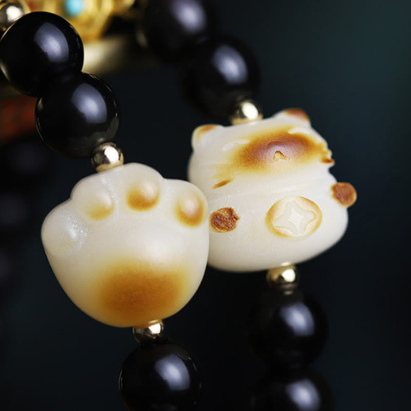 Fortune Jewel Black Obsidian Cat Paw Bodhi Seed Lucky Fortune Charm Purification Bracelet
