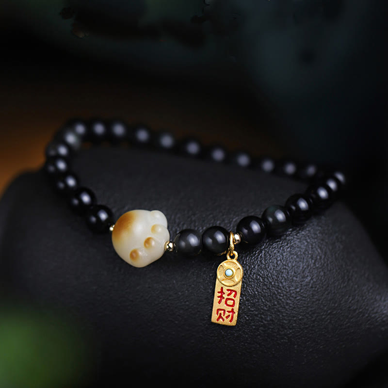 Fortune Jewel Black Obsidian Cat Paw Bodhi Seed Lucky Fortune Charm Purification Bracelet