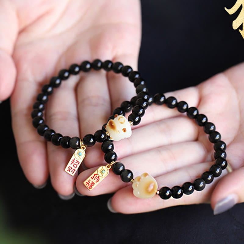 Fortune Jewel Black Obsidian Cat Paw Bodhi Seed Lucky Fortune Charm Purification Bracelet