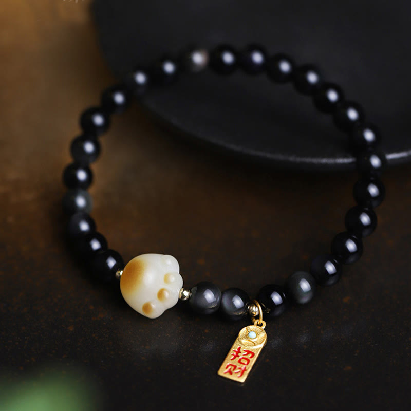 Fortune Jewel Black Obsidian Cat Paw Bodhi Seed Lucky Fortune Charm Purification Bracelet