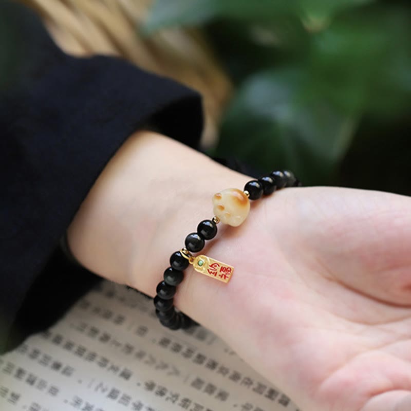 Fortune Jewel Black Obsidian Cat Paw Bodhi Seed Lucky Fortune Charm Purification Bracelet