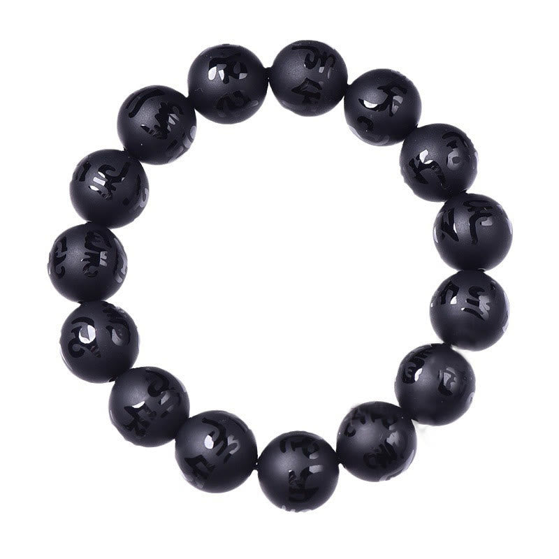 Fortune Jewel Natural Black Onyx Om Mani Padme Hum Carved Protection Bracelet