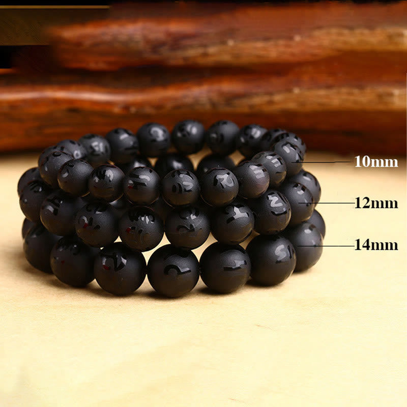Fortune Jewel Natural Black Onyx Om Mani Padme Hum Carved Protection Bracelet