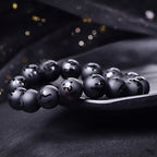 Fortune Jewel Natural Black Onyx Om Mani Padme Hum Carved Protection Bracelet