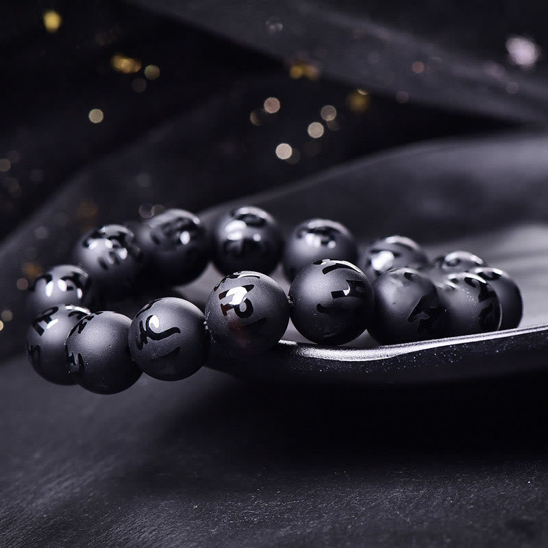 Fortune Jewel Natural Black Onyx Om Mani Padme Hum Carved Protection Bracelet