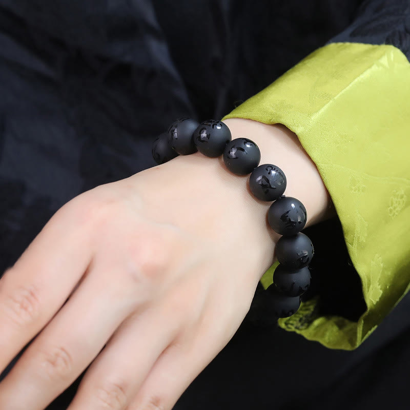 Fortune Jewel Natural Black Onyx Om Mani Padme Hum Carved Protection Bracelet