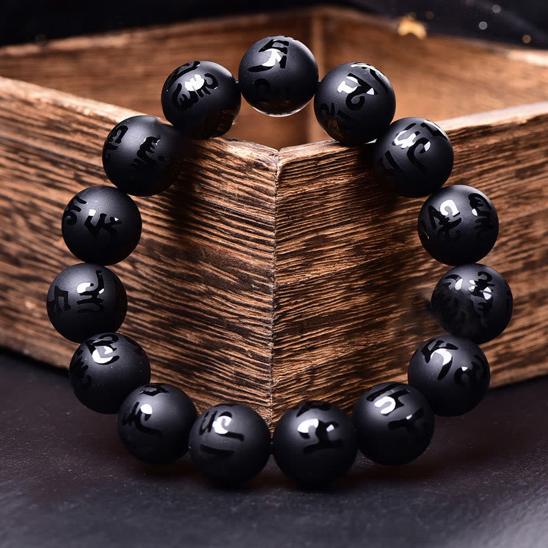 Fortune Jewel Natural Black Onyx Om Mani Padme Hum Carved Protection Bracelet