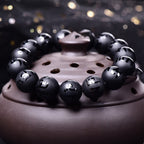 Fortune Jewel Natural Black Onyx Om Mani Padme Hum Carved Protection Bracelet
