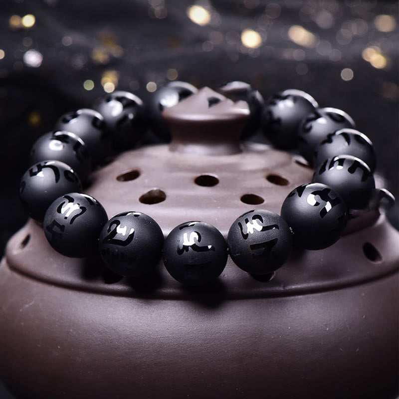 Fortune Jewel Natural Black Onyx Om Mani Padme Hum Carved Protection Bracelet