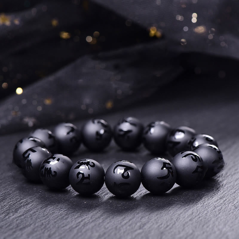 Fortune Jewel Natural Black Onyx Om Mani Padme Hum Carved Protection Bracelet